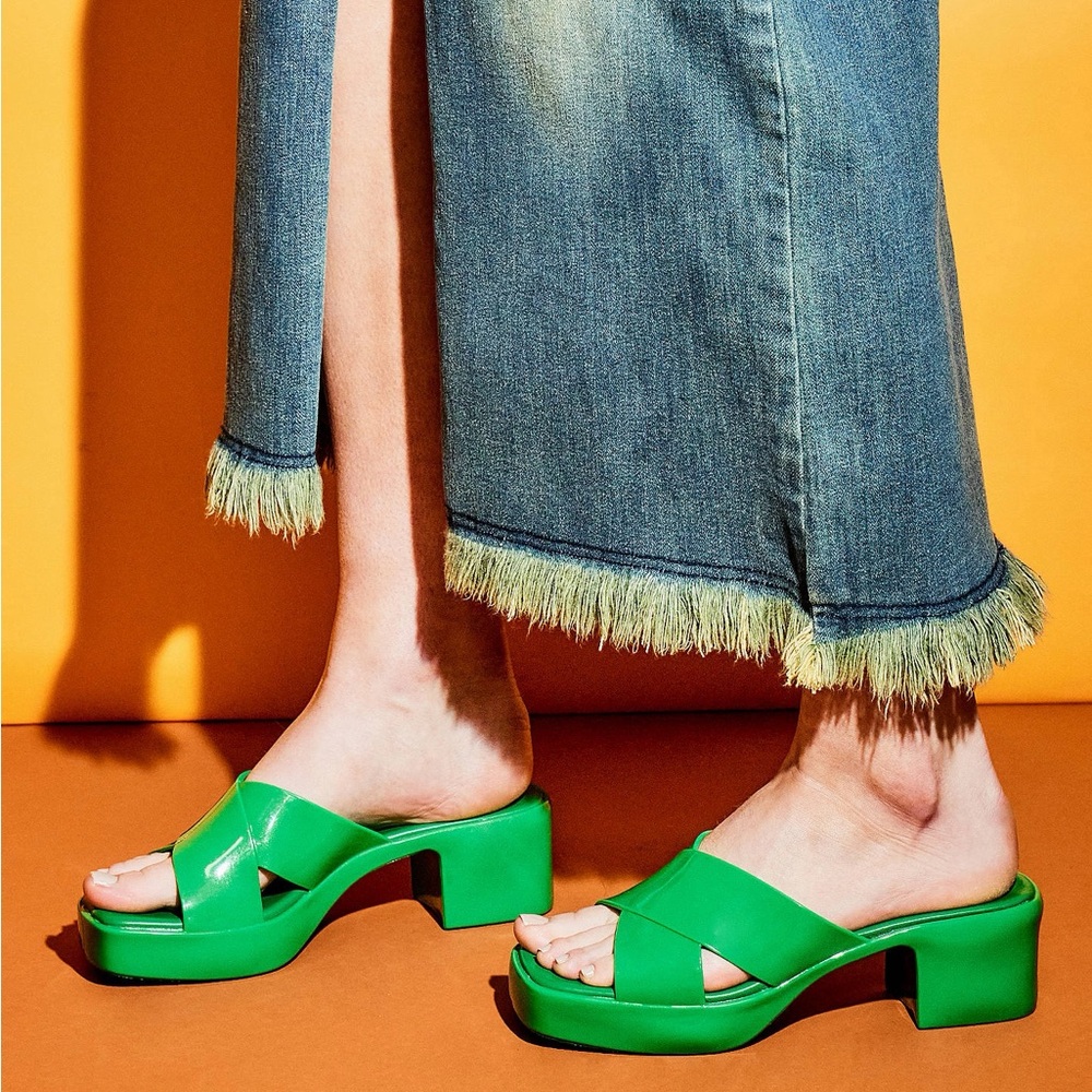 Jeffery Campbell Bubblegum Block Heel Slide Jelly Sandals in Green- Women